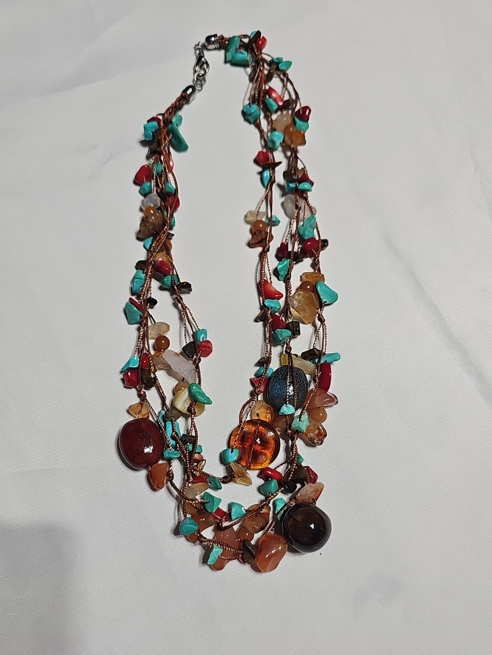Multistrand Turquoise & Amber Bead Necklace - Fashion Jewelry
